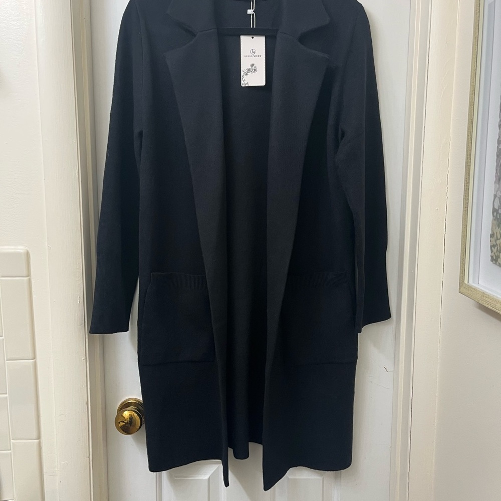 NWT LILLUSORY Black Long Cardigan with Open Front and Full-Length Sleeves
